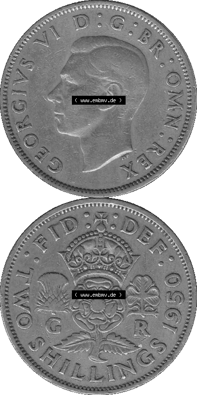 Alte Münze Großbritannien, Bild in s/w bzw. Graustufen PNG-Grafik, Umlaufmünze aus dem Zeitraum 1949-1951, 2 Schilling-Florin,... Sammlung