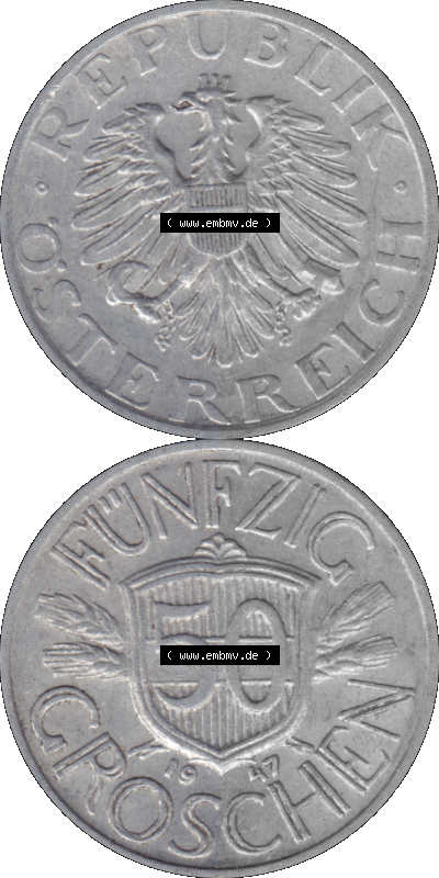 Alte Münze aus Österreich als PNG-Grafik 1946-1955, 50 Groschen 1947 (Stück 1) Sammlung