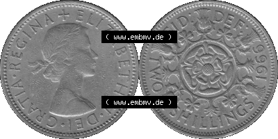 Alte Münze Großbritannien, Bild in s/w bzw. Graustufen PNG-Grafik, Umlaufmünze aus dem Zeitraum 1954-1970, 2 Schilling-Florin,... Sammlung