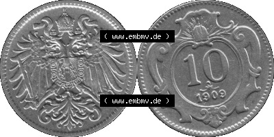Alte Münze aus Kaiserreich Österreich als PNG-Grafik 1892-1911, 10 Heller 1909 (Stück 1) Graustufen Sammlung