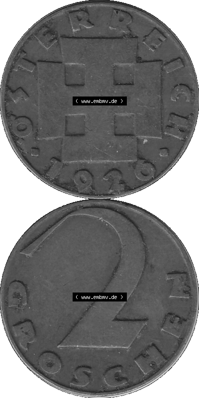 2 / Zwei Groschen Österreich in s/w Schwarzweiß bzw. Graustufen Farbgebung von Scanner transparenten PNG 1925-1938, 2 Zwei Groschen,... Sammlung