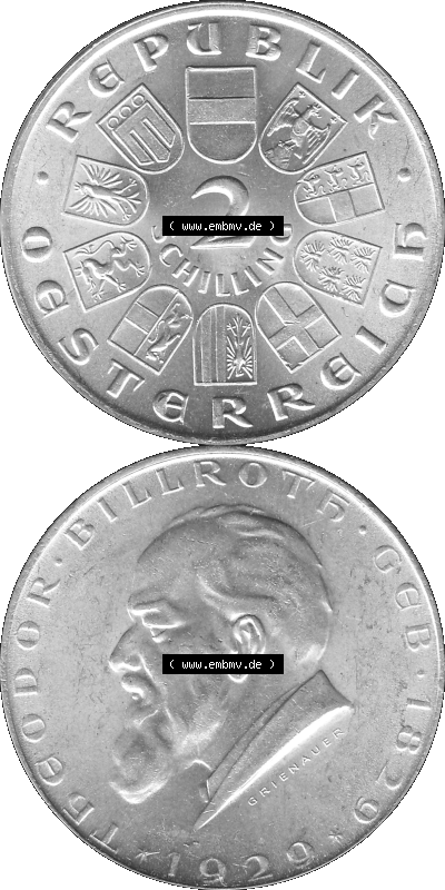 Österreich 1929-1929, 2 Schilling 1929 (Stück 1), Silbermünze Theodor Billroth Graustufen Sammlung