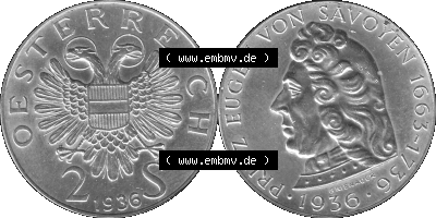 Österreich 1936-1936, 2 Schilling 1936 (Stück 1) Silbermünze Prinz von Savoyen 1663-1736, 12 Gramm 640er Silber Graustufen Sammlung