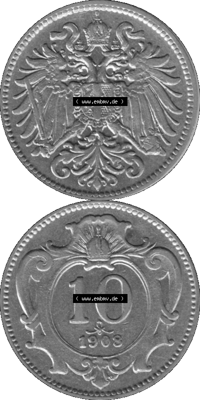 Alte Münze aus Kaiserreich Österreich als PNG-Grafik 1892-1911, 10 Heller 1908 (Stück 1) Graustufen Sammlung
