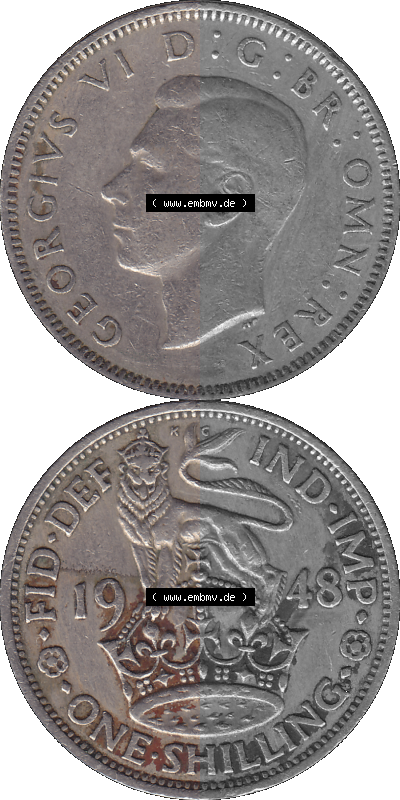 Alte Münze Großbritannien, Bild in Farbe bzw. Color PNG-Grafik 1947-1948, 1 One Schilling - One Shilling, 1948 (Stück 4) Stehender... Sammlung