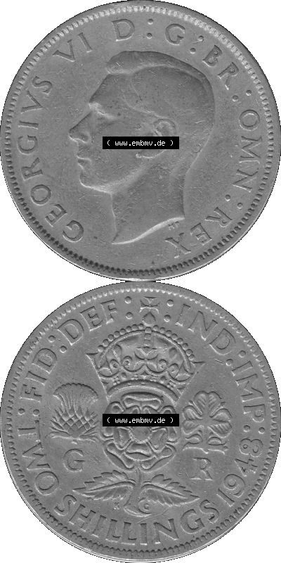 Alte Münze Großbritannien, Bild in s/w bzw. Graustufen PNG-Grafik, Umlaufmünze aus dem Zeitraum 1947-1948, 2 Schilling-Florin,... Sammlung