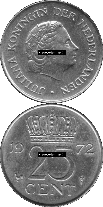 Alte Münze Niederlande in Grau 1950-1980, 25 Cent Königin Juliana 1972 (Stück 1) Graustufen, Fünfundzwanzig Cent Sammlung