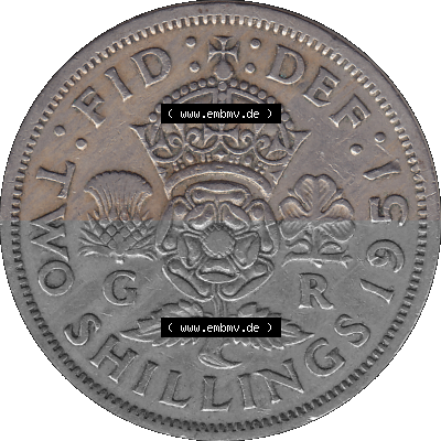 Alte Münze Großbritannien, Bild in Farbe bzw. Color PNG-Grafik, Umlaufmünze aus dem Zeitraum 1949-1951, 2 Schilling-Florin,... Sammlung