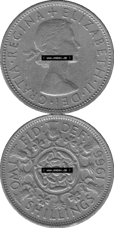 Alte Münze Großbritannien, Bild in s/w bzw. Graustufen PNG-Grafik, Umlaufmünze aus dem Zeitraum 1954-1970, 2 Schilling-Florin,... Sammlung