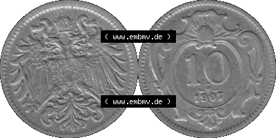 Alte Münze aus Kaiserreich Österreich als PNG-Grafik 1892-1911, 10 Heller 1907 (Stück 1) Graustufen Sammlung