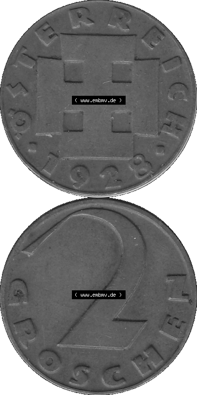 2 / Zwei Groschen Österreich in s/w Schwarzweiß bzw. Graustufen Farbgebung von Scanner transparenten PNG 1925-1938, 2 Zwei Groschen,... Sammlung