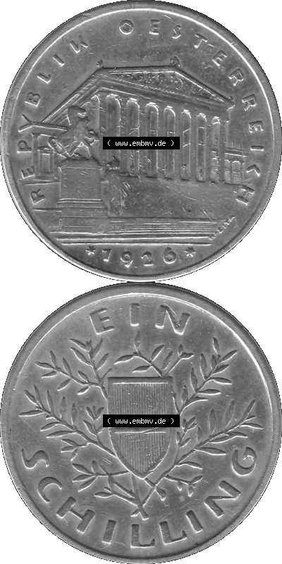 Österreich Ein - 1 Schilling 1925-1932, 1 Schilling 1926 (Stück 1) Silbermünze Parlamentsgebäude in Wien, Bindenschild 6 Gramm... Sammlung