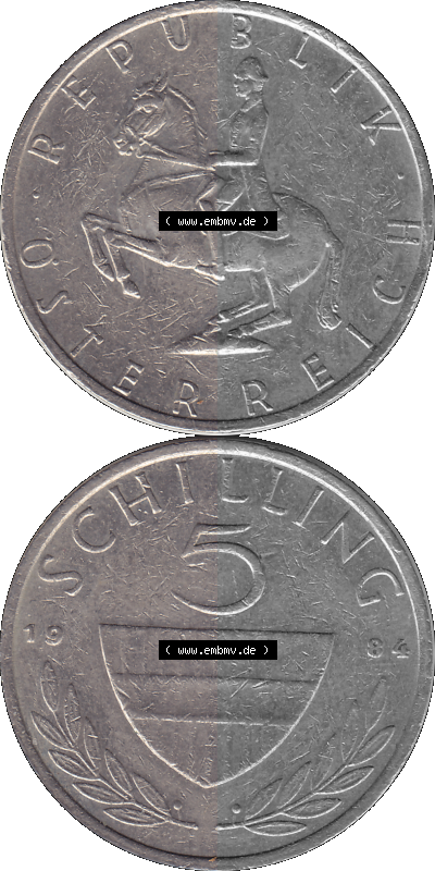 5 / Fünf Schilling Österreich in original Farbgebung von Scanner transparenten PNG 1968-2001, 5 Schilling 1984 (Stück 2), Reiter... Sammlung