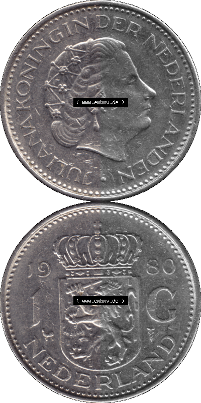 Alte Münze Niederlande in Farbe 1967-1980, 1 Gulden Königin Juliana 1980, niederländisch Nederland Sammlung