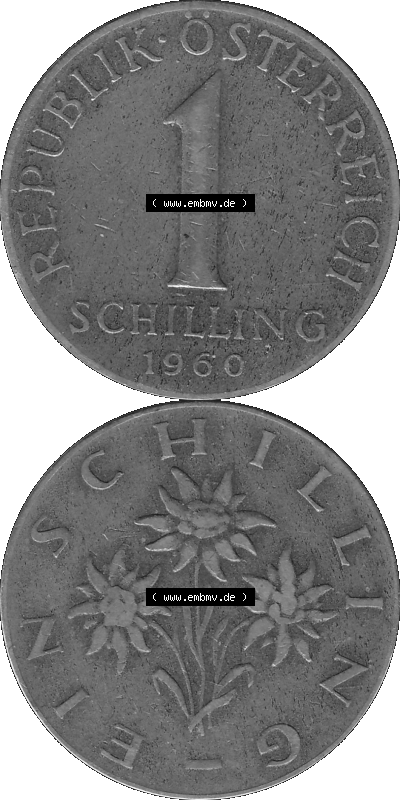 Österreich 1 / Ein Schilling in Graustufen 1959-2001, 1 Schilling 1960 (Stück 1), Ein Shilling Edelweiß Graustufen Sammlung