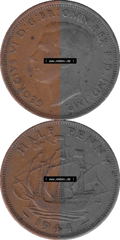 Großbritannien Umlaufmünze Half Penny, 1/2 Pence 1937-1948, Half Penny 1944 (Stück 1), George VI. GEORGIVS VI D-G-BR-OMN-REX... Sammlung