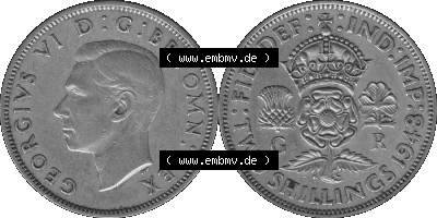 Alte Münze Großbritannien, Bild in s/w bzw. Graustufen PNG-Grafik, Umlaufmünze aus dem Zeitraum 1947-1948, 2 Schilling-Florin,... Sammlung