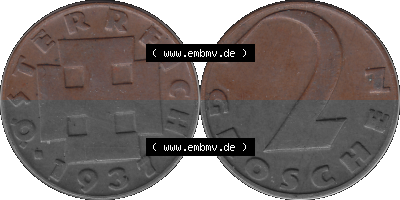 2 / Zwei Groschen Österreich in original Farbgebung von Scanner transparenten PNG 1925-1938, 2 Zwei Groschen, Krückenkreuz 1937... Sammlung