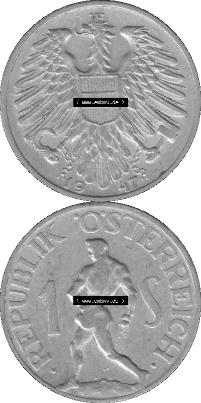 Österreich 1 / Ein Schilling in Graustufen 1946-1957, 1 Schilling 1947 (Stück 1) Graustufen Sammlung