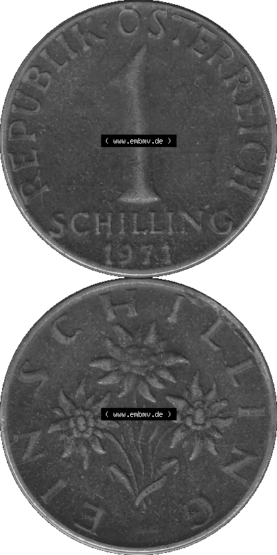 Österreich 1 / Ein Schilling in Graustufen 1959-2001, 1 Schilling 1971 (Stück 1), Ein Shilling Edelweiß Graustufen Sammlung