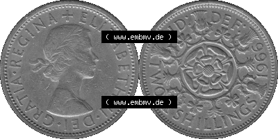 Alte Münze Großbritannien, Bild in s/w bzw. Graustufen PNG-Grafik, Umlaufmünze aus dem Zeitraum 1954-1970, 2 Schilling-Florin,... Sammlung