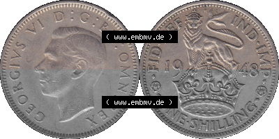 Alte Münze Großbritannien, Bild in Farbe bzw. Color PNG-Grafik 1947-1948, 1 One Schilling - One Shilling, 1948 (Stück 6) Stehender... Sammlung
