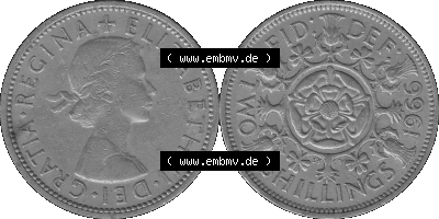 Alte Münze Großbritannien, Bild in s/w bzw. Graustufen PNG-Grafik, Umlaufmünze aus dem Zeitraum 1954-1970, 2 Schilling-Florin,... Sammlung