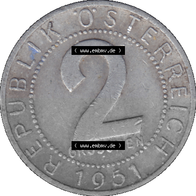 Alte Münze aus Österreich als PNG-Grafik 1950-1994, 2 Groschen 1951 Sammlung