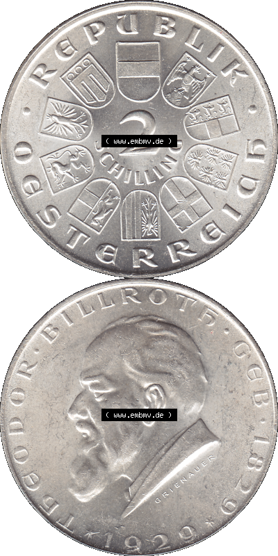 Österreich 1929-1929, 2 Schilling 1929 (Stück 1), Silbermünze Theodor Billroth Sammlung