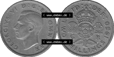 Alte Münze Großbritannien, Bild in s/w bzw. Graustufen PNG-Grafik, Umlaufmünze aus dem Zeitraum 1949-1951, 2 Schilling-Florin,... Sammlung