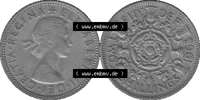 Alte Münze Großbritannien, Bild in s/w bzw. Graustufen PNG-Grafik, Umlaufmünze aus dem Zeitraum 1954-1970, 2 Schilling-Florin,... Sammlung