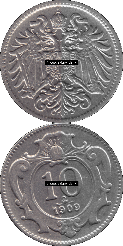 Alte Münze aus Kaiserreich Österreich als PNG-Grafik 1892-1911, 10 Heller 1909 (Stück 1) Sammlung