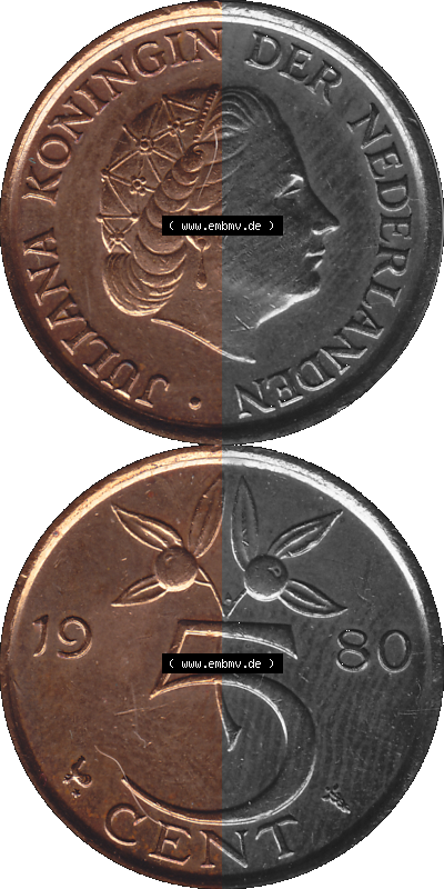 Alte Münze Niederlande in Farbe 1950-1980, 5 Cent Königin Juliana 1980, Nederland Sammlung