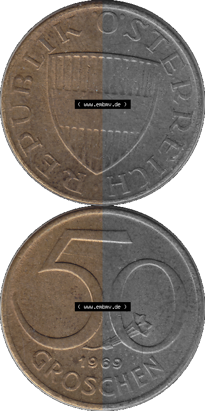50 / Fünfzig Groschen Österreich in original Farbgebung von Scanner transparenten PNG 1959-2001, 50 Groschen 1969 (Stück 1),... Sammlung