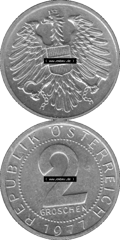 Alte Münze aus Österreich als PNG-Grafik 1950-1994, 2 Groschen 1977 (Stück 1) Graustufen Sammlung