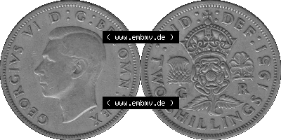 Alte Münze Großbritannien, Bild in s/w bzw. Graustufen PNG-Grafik, Umlaufmünze aus dem Zeitraum 1949-1951, 2 Schilling-Florin,... Sammlung