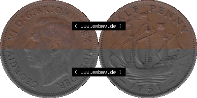 Großbritannien Umlaufmünze Half Penny 1949-1952, Half Penny 1951 (Stück 1), George VI. GEORGIVS VI D-G-BR-OMN-REX FIDEI DEF.HP Sammlung