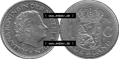 Alte Münze Niederlande in Grau 1967-1980, 1 Gulden Königin Juliana 1970, niederländisch Nederland Sammlung
