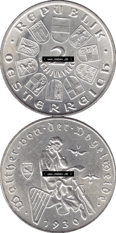 Österreich 1930-1930, 2 Schilling 1930 (Stück 1), Silbermünze Walter von der Vogelweide 1170-1230, Minnesänger Sammlung