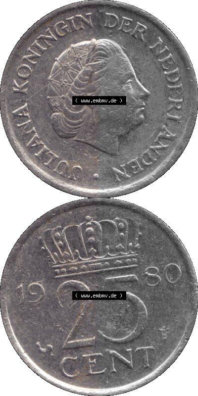 Alte Münze Niederlande in Farbe 1950-1980, 25 Cent Königin Juliana 1980, Fünfundzwanzig Cent Sammlung