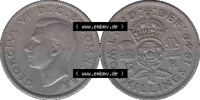 Alte Münze Großbritannien, Bild in Farbe bzw. Color PNG-Grafik, Umlaufmünze aus dem Zeitraum 1949-1951, 2 Schilling-Florin,... Sammlung