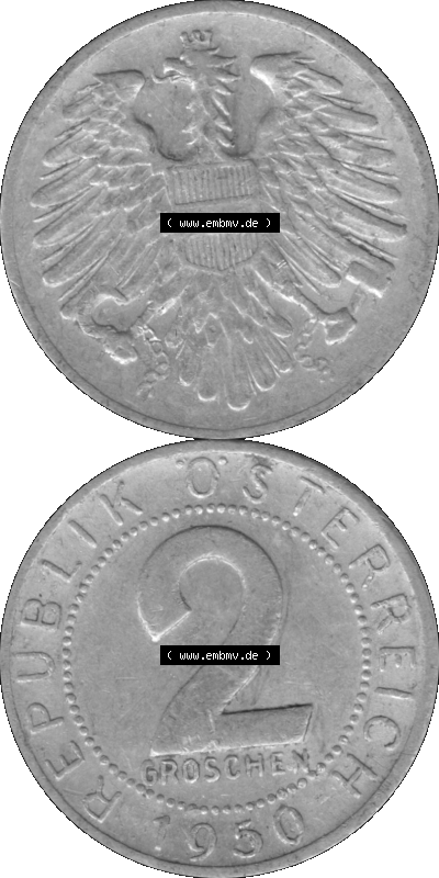 Alte Münze aus Österreich als PNG-Grafik 1950-1994, 2 Groschen 1950 (Stück 1) Graustufen Sammlung