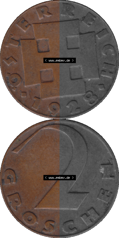 Alte Münze aus Österreich als PNG-Grafik 1925-1938, 2 Groschen 1928 Sammlung