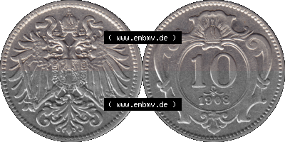 Alte Münze aus Kaiserreich Österreich als PNG-Grafik 1892-1911, 10 Heller 1908 (Stück 1) Sammlung