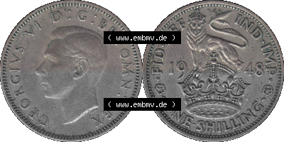 Alte Münze Großbritannien, Bild in Farbe bzw. Color PNG-Grafik 1947-1948, 1 One Schilling - One Shilling, 1948 (Stück 5) Stehender... Sammlung