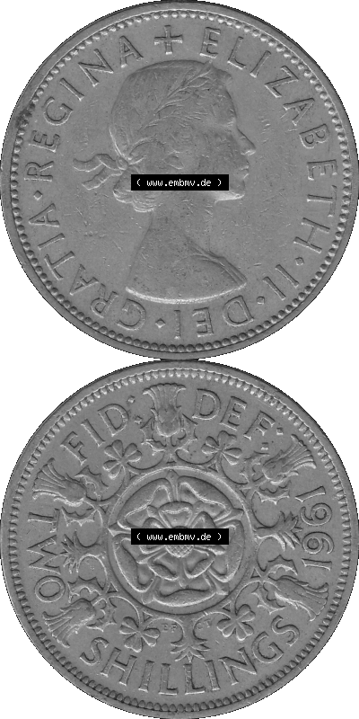 Alte Münze Großbritannien, Bild in s/w bzw. Graustufen PNG-Grafik, Umlaufmünze aus dem Zeitraum 1954-1970, 2 Schilling-Florin,... Sammlung