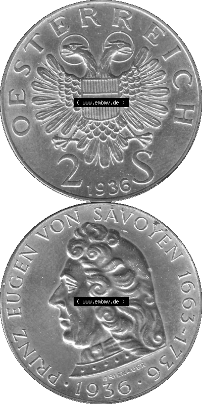 Österreich 1936-1936, 2 Schilling 1936 (Stück 1) Silbermünze Prinz von Savoyen 1663-1736, 12 Gramm 640er Silber Graustufen Sammlung