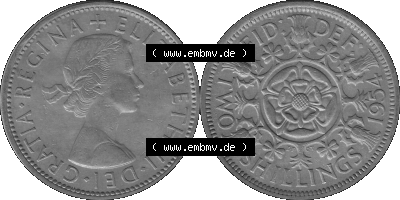 Alte Münze Großbritannien, Bild in s/w bzw. Graustufen PNG-Grafik, Umlaufmünze aus dem Zeitraum 1954-1970, 2 Schilling-Florin,... Sammlung