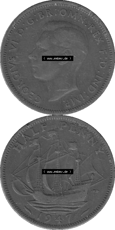 Großbritannien Umlaufmünze Half Penny 1937-1948, Half Penny 1947 (Stück 1), George VI. GEORGIVS VI D-G-BR-OMN-REX F-D-IND-IMP.HP... Sammlung
