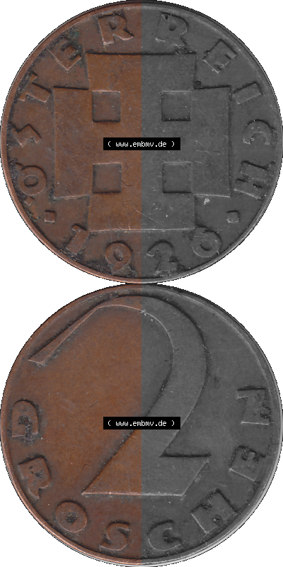 2 / Zwei Groschen Österreich in original Farbgebung von Scanner transparenten PNG 1925-1938, 2 Zwei Groschen, Krückenkreuz 1926... Sammlung
